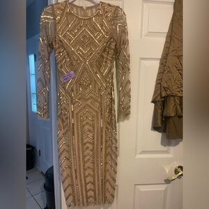 Gianni Bini Miranda Geometric Beaded Sequin Midi Dress Size 4 Gold Embellished